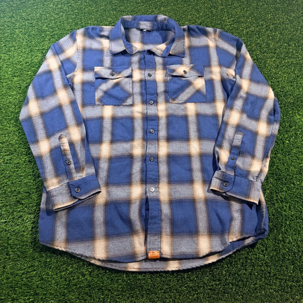 Simply Southern Mens Blue Tan Plaid Flannel Button Down Shirt Large L LongSleeve